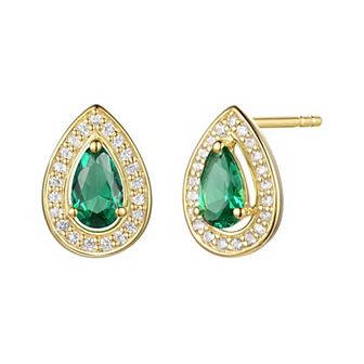 Flash-Plated 14k Gold Lab-Created Emerald Teardop Halo Stud Earrings