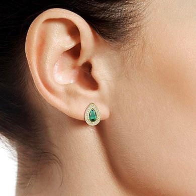 Flash-Plated 14k Gold Lab-Created Emerald Teardop Halo Stud Earrings