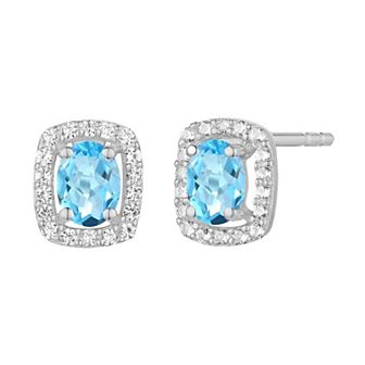 Rhodium-Plated Blue Topaz & Lab-Created White Sapphire Stud Earrings