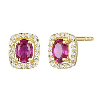 Flash-Plated 14k Gold Ruby & Lab-Created White Sapphire Rectangle Halo Stud Earrings