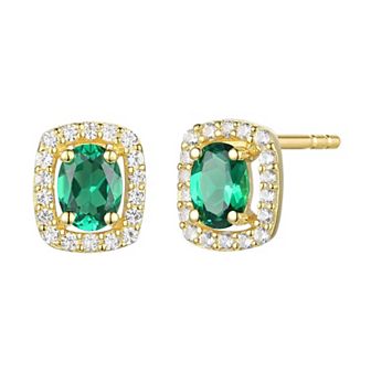 Flash-Plated 14k Gold Emerald & Lab-Created White Sapphire Rectangle Halo Stud Earrings