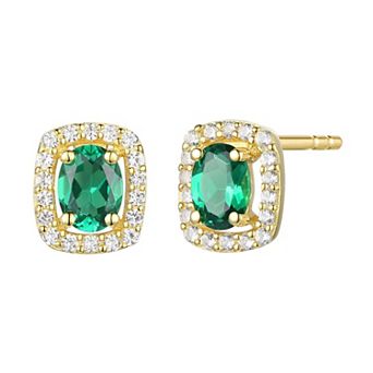 14k Gold Over Sterling Silver Emerald and Lab-Created White Sapphire Rectangle Halo Stud Earrings