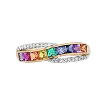 10k Gold Diamond Accent Multi-Gemstone Crisscross Ring