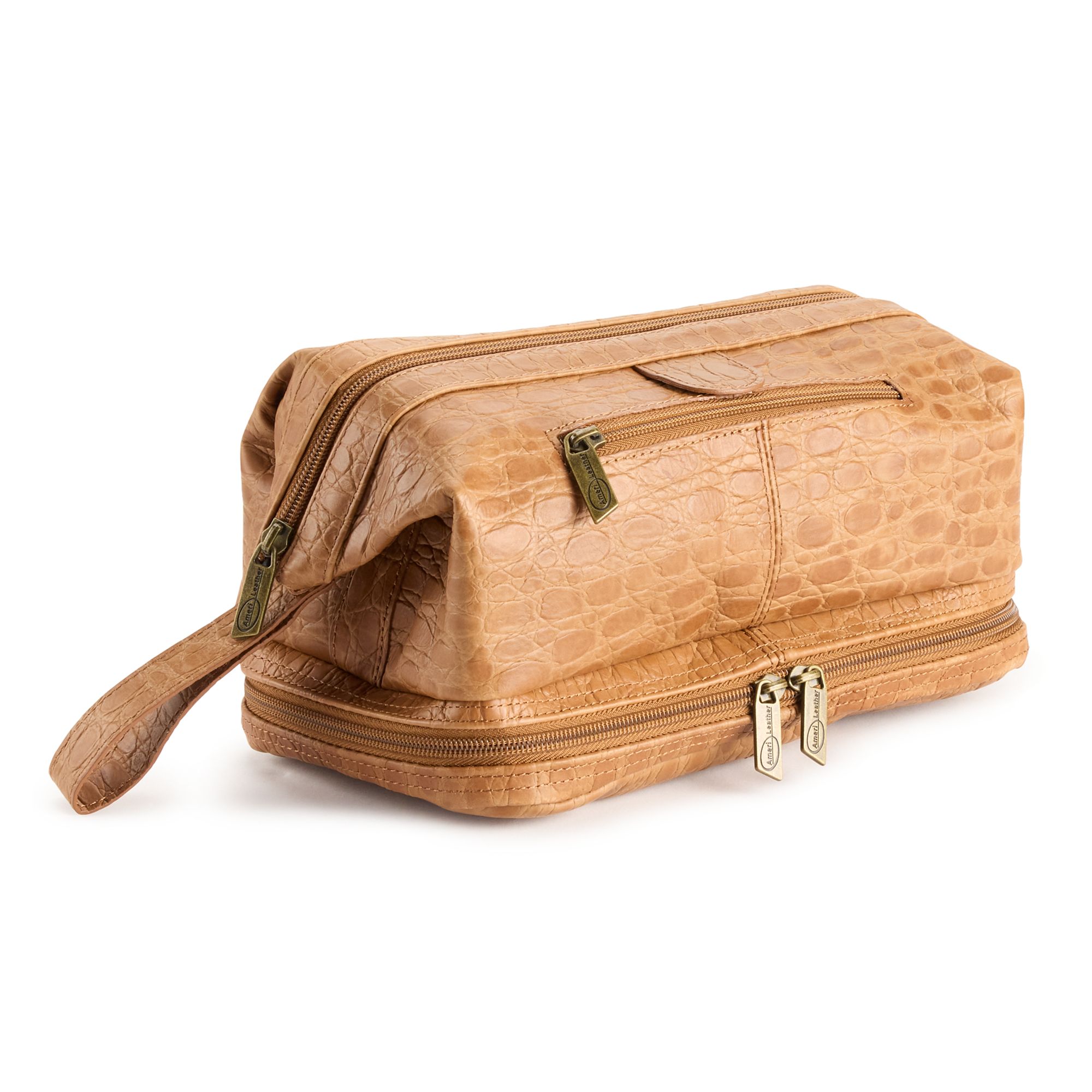 AmeriLeather Textured Leather Toiletry Bag & Travel Accessories, Brown Pebb