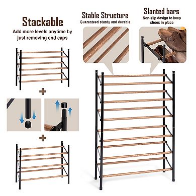 3 Tier Extendable Stackable Shoe Rack OakGrain Tube, Black