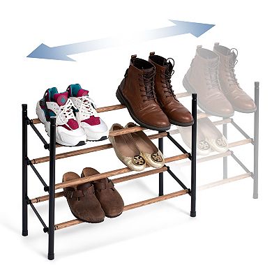 3 Tier Extendable Stackable Shoe Rack OakGrain Tube, Black