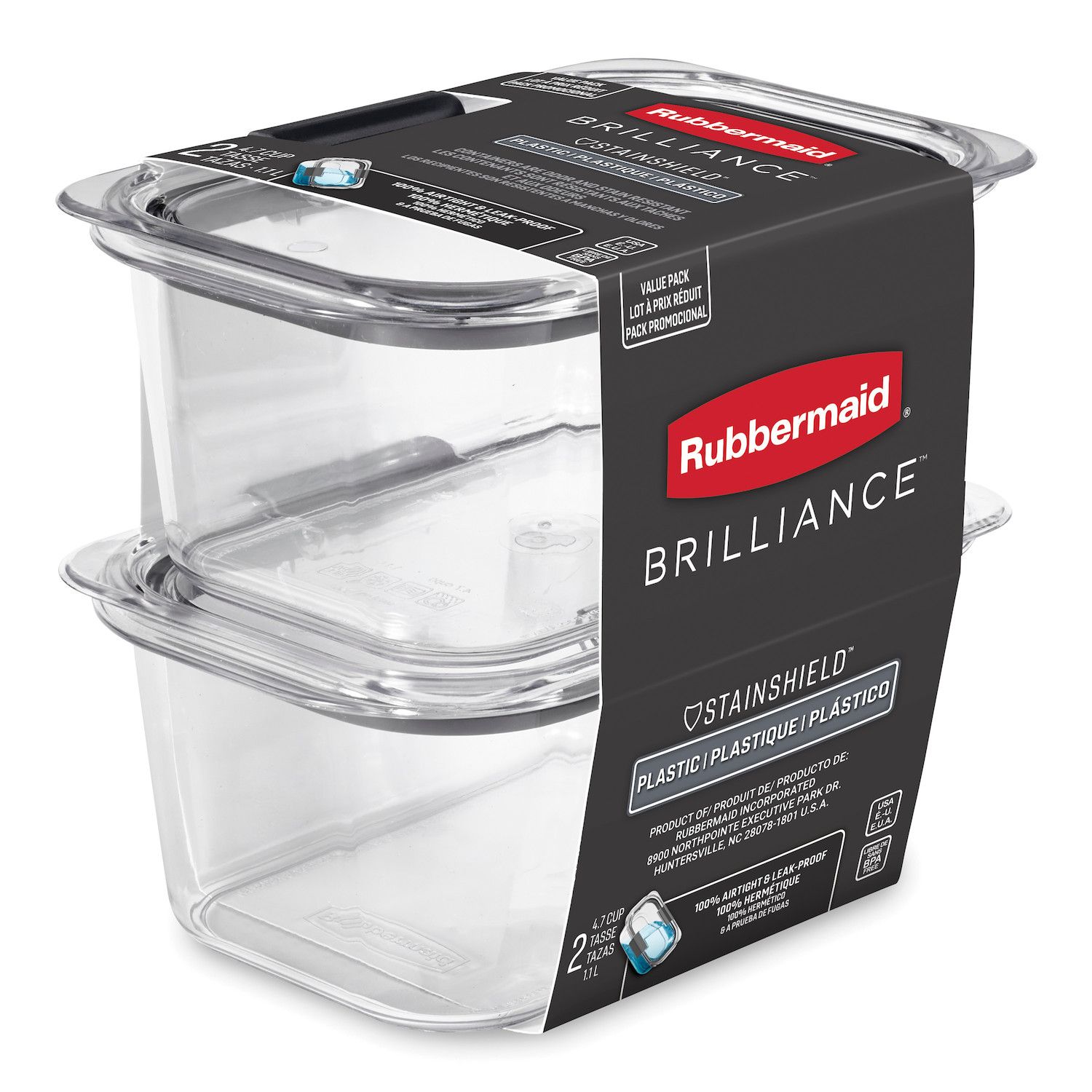 Rubbermaid Brilliance BPA Free Food Storage Containers with Lids, Airtight, for Lunch, Meal Prep, and Leftovers, 2 Compartments, Set of 5 (2.85 Cup)