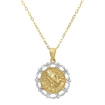 Forever 14k Gold Two-Tone Baptism Praying Hands Pendant Necklace