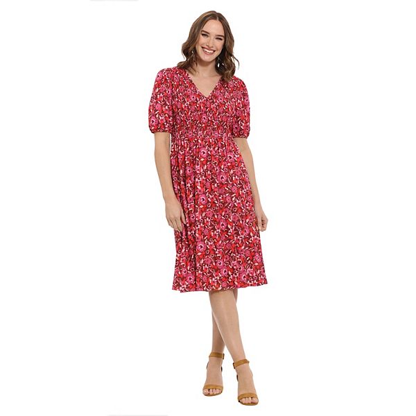 Women's London Times Smocked Bodice Puff Sleeve Midi Dress