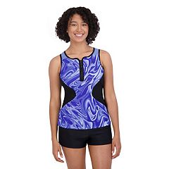 This tankini top and high-rise bottom by Spanx ($128 and $98 at spanx.com)  double covers from the tummy to the bustline for extra control. Daisy  Fuentes earrings ($24 at kohls.com) and Cara