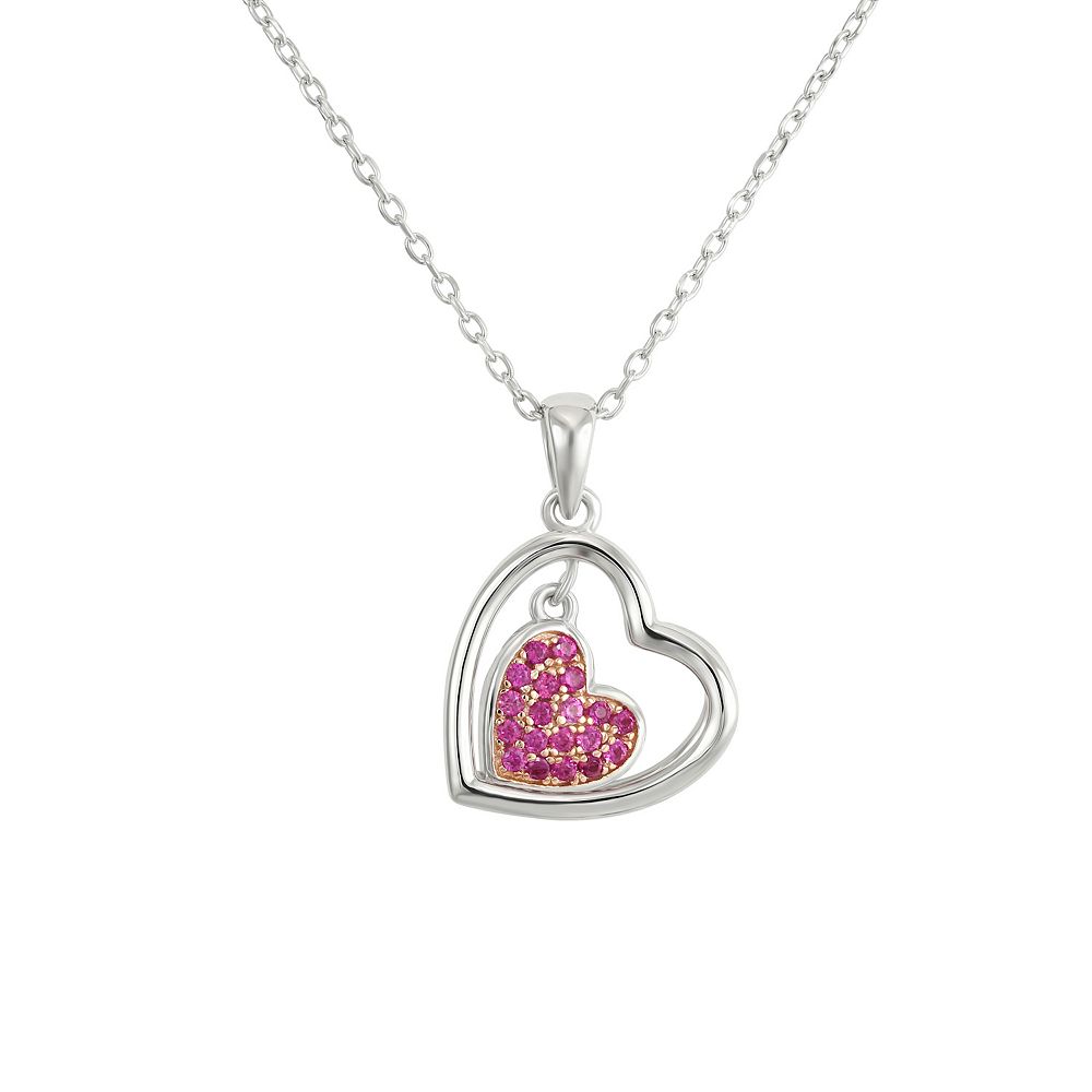 Collier Argent 925 Avec Pendentif Cœur Ou Fleur - Zirconium Cube Rose - Longueur 18 Pouces (45 Cm) - Occasion