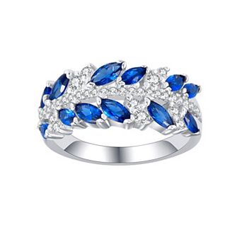 Argento Forte Sterling Silver Blue & White Cubic Zirconia Leaf Pattern Ring