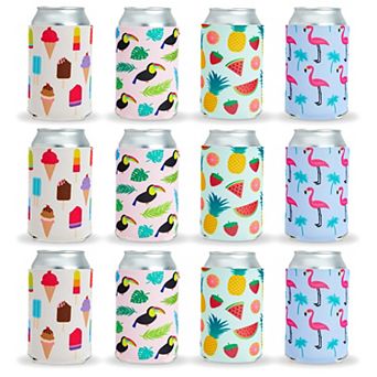 12 Insulated Neoprene Beer Soda Sleeve Covers, 4 Summer-themed Designs