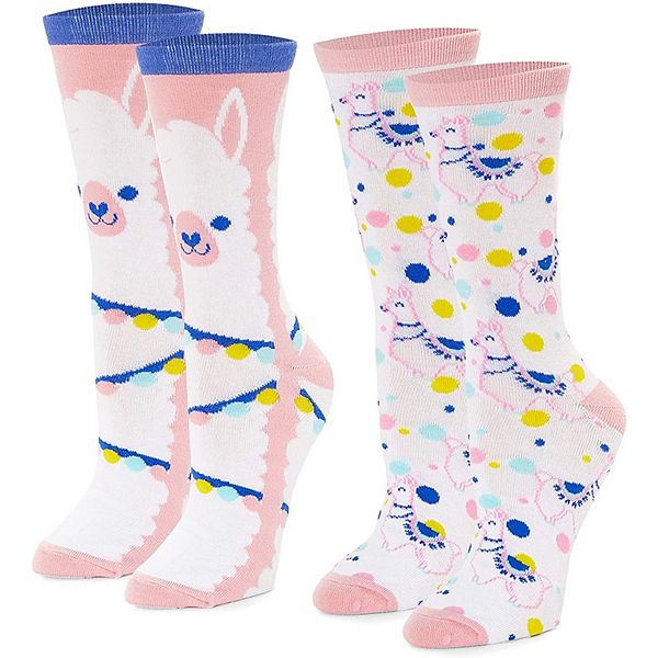 Zodaca Llama Crew Socks for Women, One Size (Pink, White, 2 Pairs)