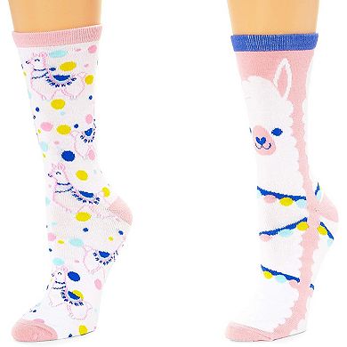 Zodaca Llama Crew Socks for Women, One Size (Pink, White, 2 Pairs)