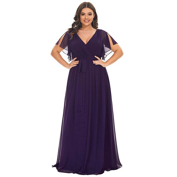 Plus Size Ruffle Pleated Chiffon Tie-Waist Evening Dress