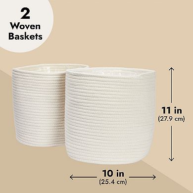 2 Pack White Woven Basket Planters For Indoor Plants With Plastic Liner, 11 In