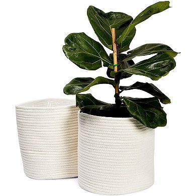 2 Pack White Woven Basket Planters For Indoor Plants With Plastic Liner, 11 In
