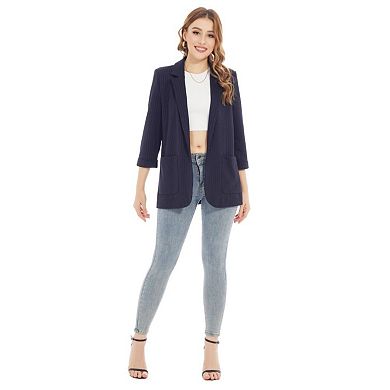 FC Design Womens Blazers Jacket for Work Casual Open Front Navy Blue 3/4 Sleeve Stretched Knit