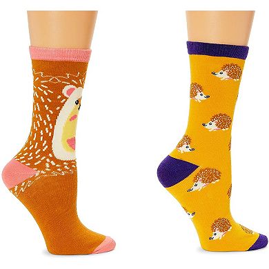 Zodaca Hedgehog Crew Socks for Women, Fun Sock Gift Set (One Size, 2 Pairs)