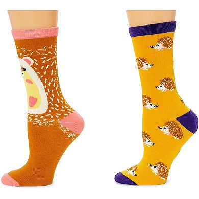 Zodaca Hedgehog Crew Socks for Women, Fun Sock Gift Set (One Size, 2 Pairs)