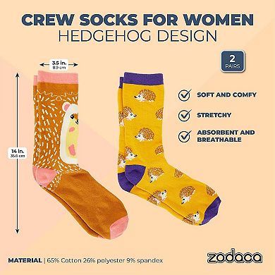 Zodaca Hedgehog Crew Socks for Women, Fun Sock Gift Set (One Size, 2 Pairs)