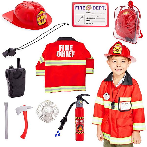 Fireman Costume for Boys and Girls, Kids Halloween Costume Set (9 Pieces)