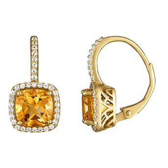 Designs by Gioelli 14k Gold Over Silver Gemstone Drop Earrings with Lab-Created White Sapphire Halo & Diamond Accents