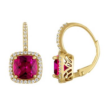 Designs by Gioelli 14k Gold Over Silver Gemstone Drop Earrings with Lab-Created White Sapphire Halo & Diamond Accents