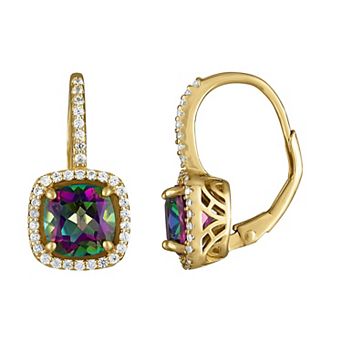 Designs by Gioelli 14k Gold Over Silver Gemstone Drop Earrings with Lab-Created White Sapphire Halo & Diamond Accents