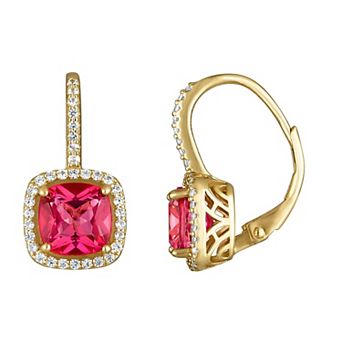 Designs by Gioelli 14k Gold Over Silver Gemstone Drop Earrings with Lab-Created White Sapphire Halo & Diamond Accents