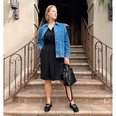 knee length dresses for ladies Black Doeskin Geo 3/4 Roll Tab Sleeve Belted Shirtdress