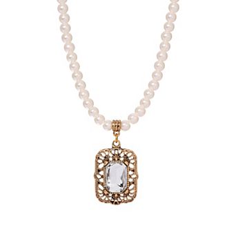 1928 Gold Tone Bead and Simulated Crystal Pendant Necklace