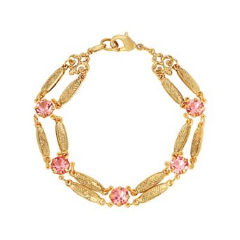 1928 Gold Tone Textured Link Crystal Bracelet