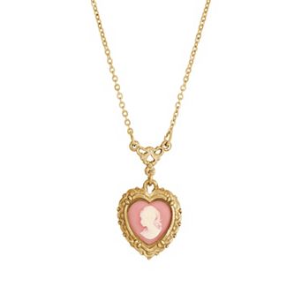 1928 Gold Tone Pink Heart Cameo Pendant Necklace