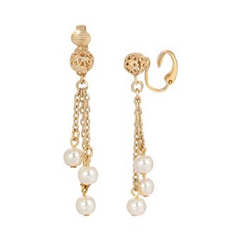 1928 Gold Tone Simulated Pearl Filigree Tassel Clip-On Earrings