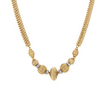 1928 Gold Tone Fluted Bead Crystal Accent Chain Necklace