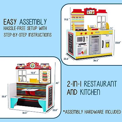 Lil’ Jumbl Double-Sided Restaurant Playset for Kids, Wooden Pretend Diner Set Toy