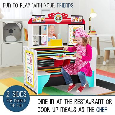 Lil’ Jumbl Double-Sided Restaurant Playset for Kids, Wooden Pretend Diner Set Toy