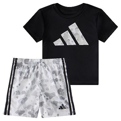 Baby Boy adidas Camo 3 Stripe Logo Graphic Tee Allover Camo Shorts Set