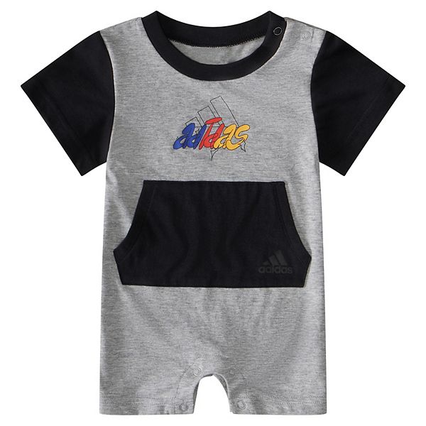 Baby Boy adidas Colorblock Retro Logo Short Sleeve Graphic Jumpsuit - Med Gray Heather (6 MONTHS)