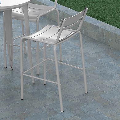 Emma and Oliver Rennes Armless Powder Coated Steel Stool with 2 Slat Back for Indoor-Outdoor Use