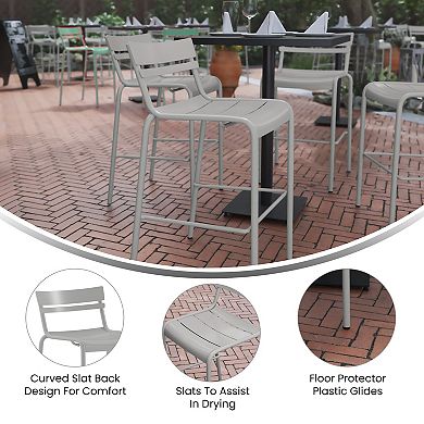 Emma and Oliver Rennes Armless Powder Coated Steel Stool with 2 Slat Back for Indoor-Outdoor Use