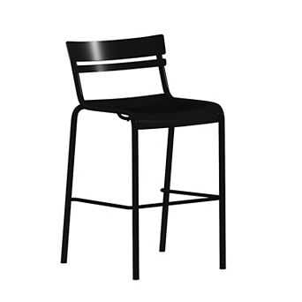 Emma and Oliver Rennes Armless Powder Coated Steel Stool with 2 Slat Back for Indoor-Outdoor Use
