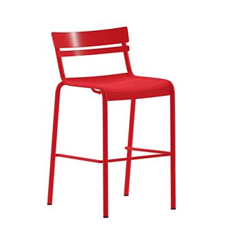 Emma and Oliver Rennes Armless Powder Coated Steel Stool with 2 Slat Back for Indoor-Outdoor Use