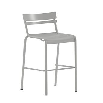 Emma and Oliver Rennes Armless Powder Coated Steel Stool with 2 Slat Back for Indoor-Outdoor Use