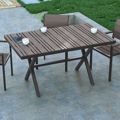 Emma and Oliver Fena 59" x 35.5" Outdoor X-Frame Dining Table with Faux Teak Poly Slat Top and Metal Frame