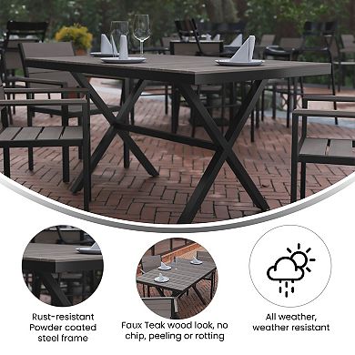 Emma and Oliver Fena 59" x 35.5" Outdoor X-Frame Dining Table with Faux Teak Poly Slat Top and Metal Frame