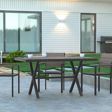 Emma and Oliver Fena 59" x 35.5" Outdoor X-Frame Dining Table with Faux Teak Poly Slat Top and Metal Frame
