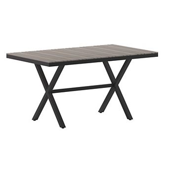 Emma and Oliver Fena 59" x 35.5" Outdoor X-Frame Dining Table with Faux Teak Poly Slat Top and Metal Frame